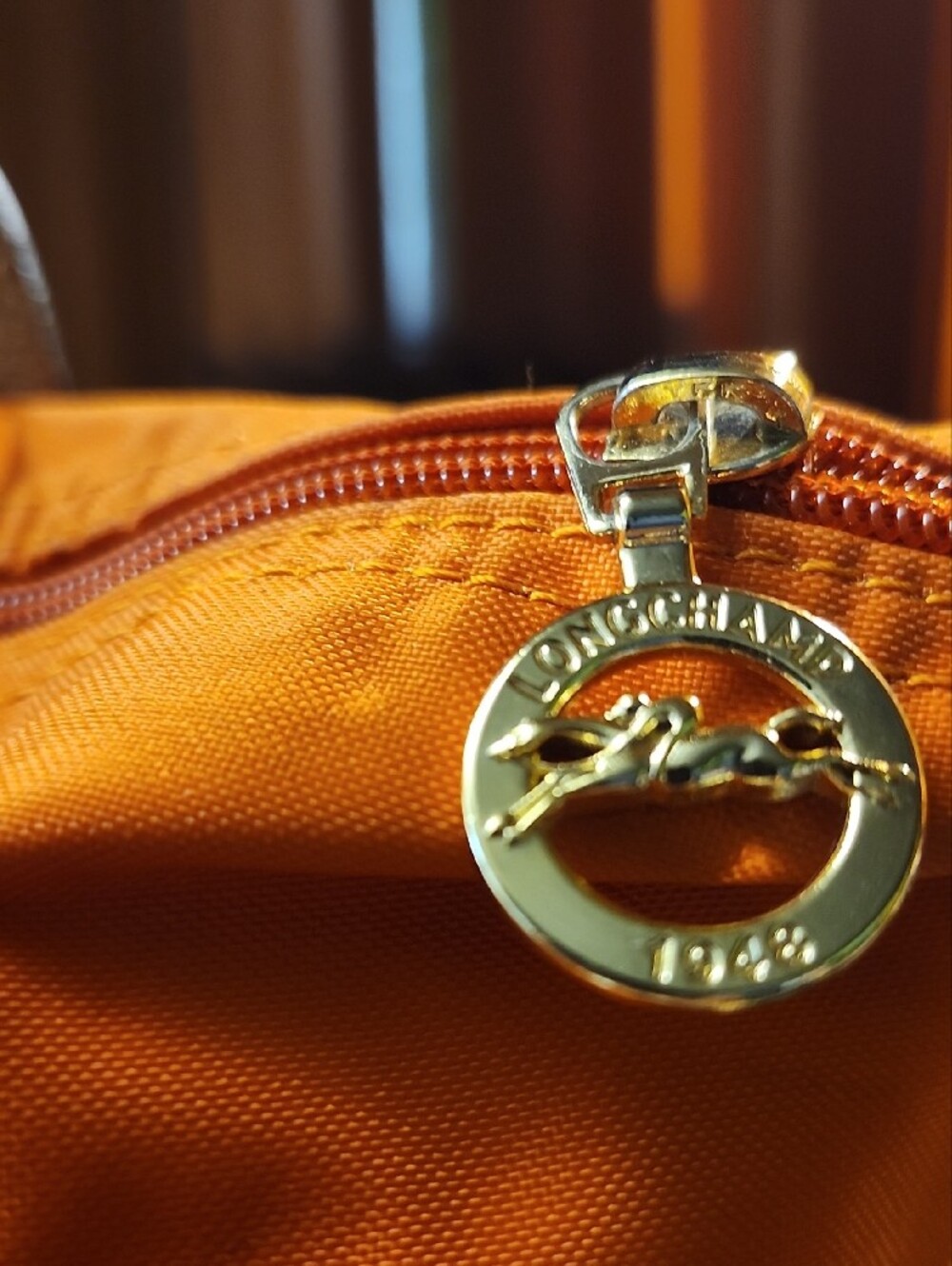 Longchamp Orange Nylon Tote with Brown Trim - Picture 3 of 9